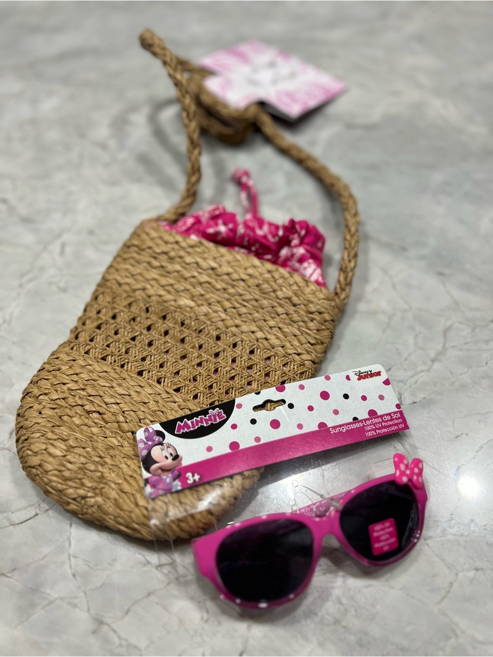 Tommy Bahama Straw Crossbody bag with Minnie Mouse Kids Sunglasses
